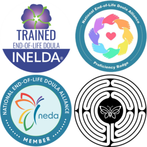 Logos for Trained End-of-life doula, national end-of-life doula alliance proficiency badge and another for member, and east bay end-of-life doula network